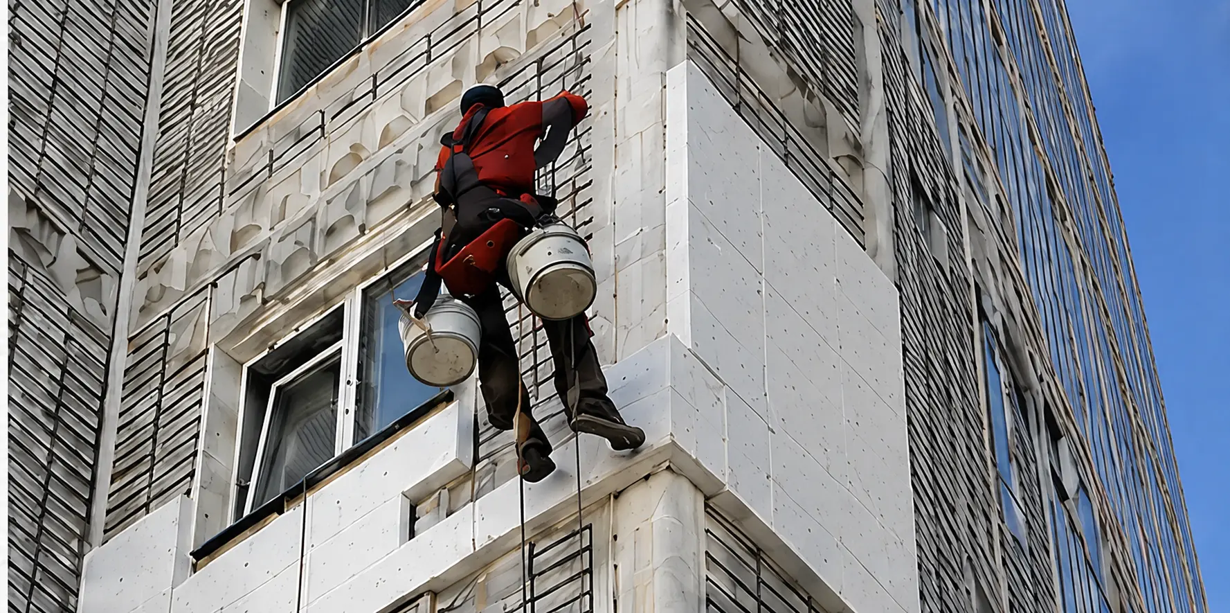 Монтаж фасадного пенополистирола на угловой квартире